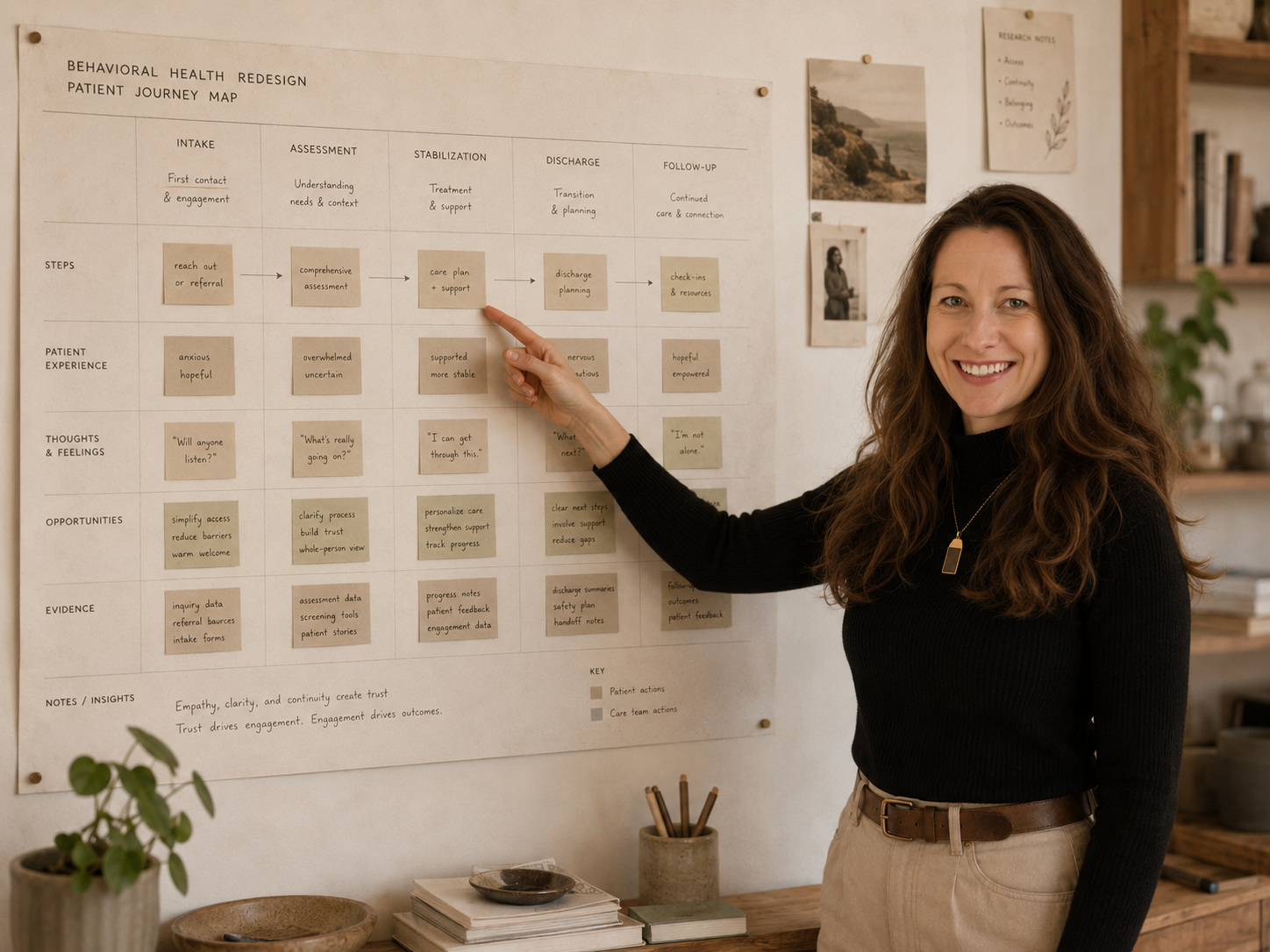 Christine Galligan standing beside a behavioral health patient journey map.