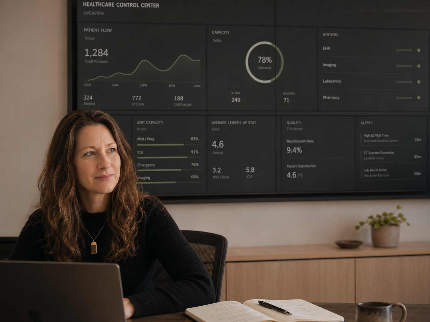 Christine Galligan in front of a healthcare control center concept dashboard.